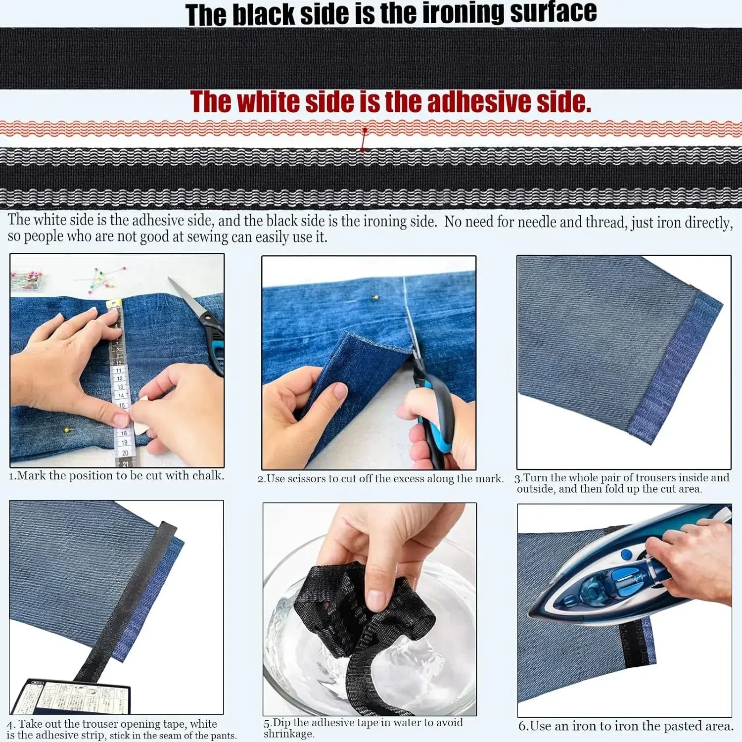 2pcs Hem Tape Hemming Tapes Hem Adhesive Tapes Iron on Pants Shortening Tape Iron Hem Tape for Pants Clothes Jean Trouser Skirt
