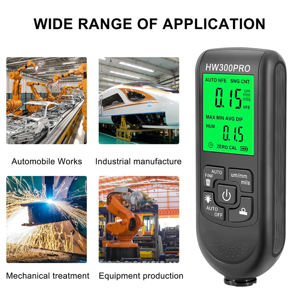 HW300PRO Thickness Gauge for Cars Film Automatic Thickness Gauge 0-2000UM Fe NFE Coating Meter Automotive Paint Thickness Tester