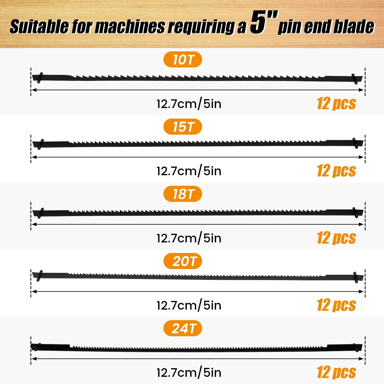 60Pcs Scroll Saw Blade Pin End 5inch Sturdy Carbon Steel Scroll Saw Blade TPI 10/15/18/20/24 Replacement for Wood Plastic Metal