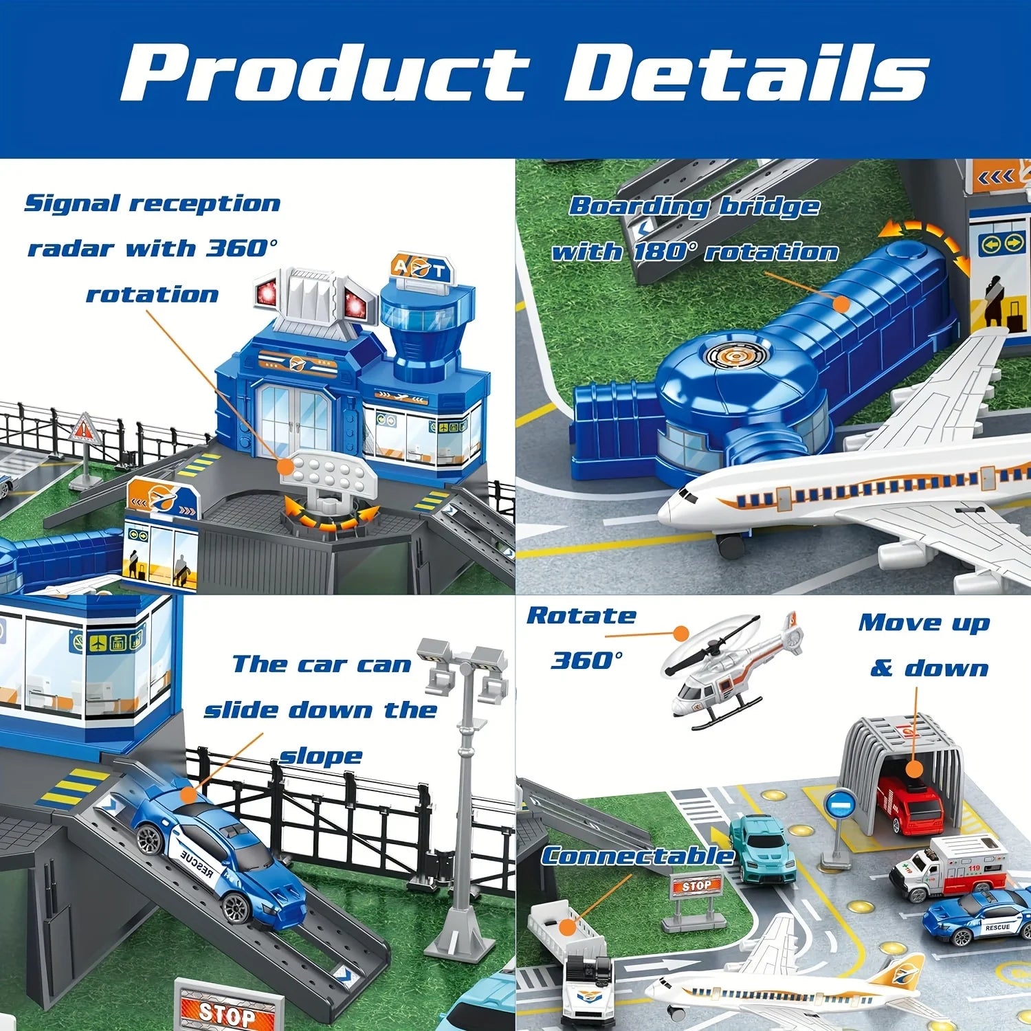Airplane Toy Set with Trucks Helicopter Planes Signs Airport Playmat Interactive Early Learning Toys Birthday Gift for Boy Girl