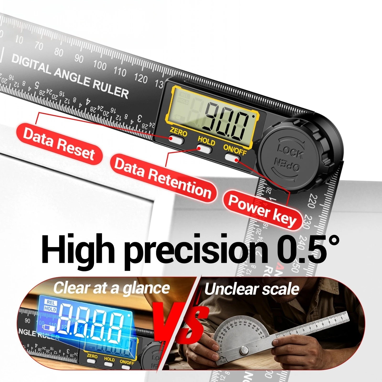 ANENG RC01 Digital Angle Finder Gauge Multifunction Detector 0-0-999.9° Angle Ruler Protractor Caliper Woodworking Tools