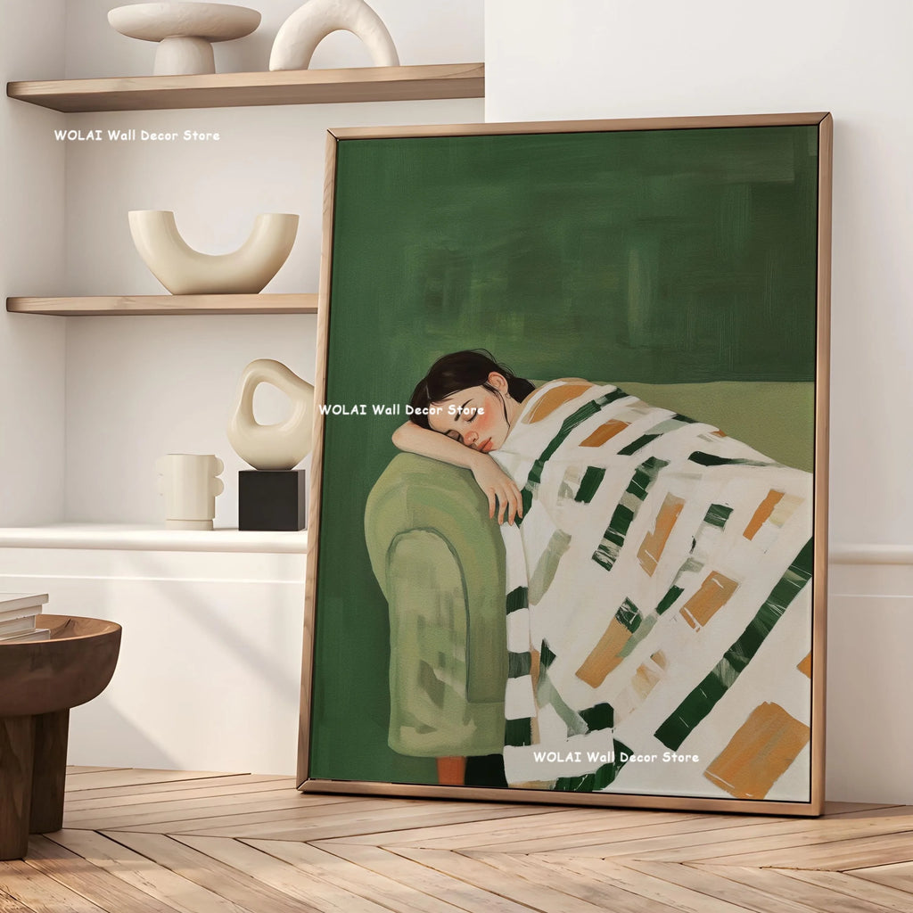 Green Abstract Figures Canvas Print with Flower Woman Minimalist Japandi Female Portrait Art Poster for Modern Living Room Decor