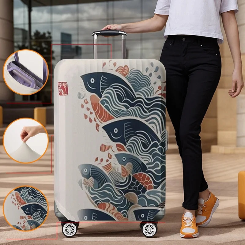 Japanese Koi Wave Pattern Luggage Protective Cover, suitable for 18-32 inch luggage covers, luggage handle gloves, travel access