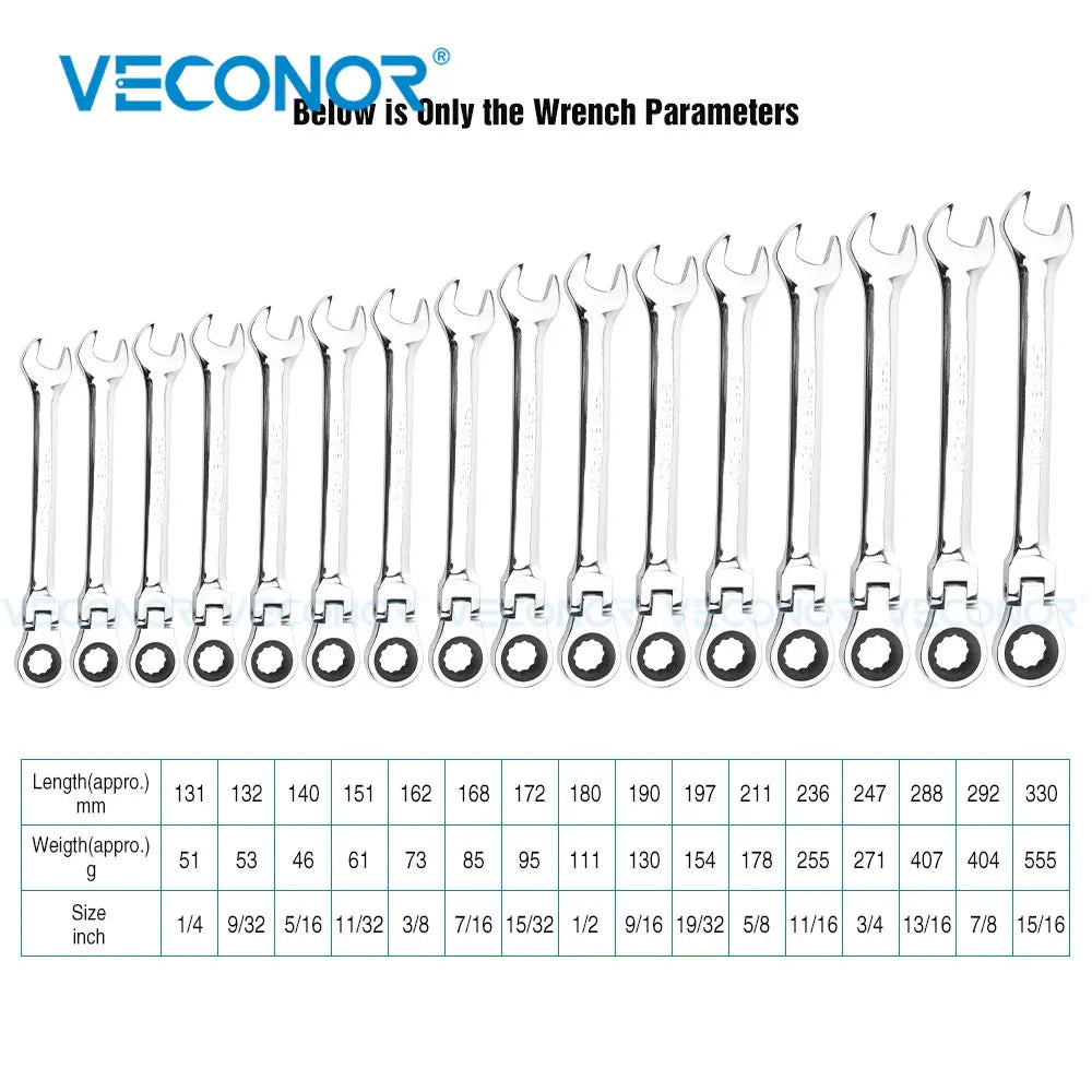 1/4-15/16 Inch 1-Piece Imperial Size Ratchet Wrench Set of Keys Spanner Flexible Head Universal Hand Tools Car Repair Tool