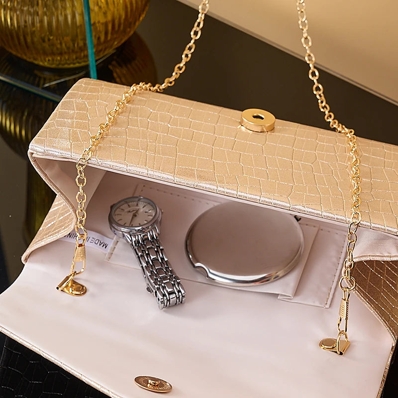 New stone print simple clutch bag Wedding party dinner bag Retro large capacity fashion clutch bag Metal chain shoulder bag