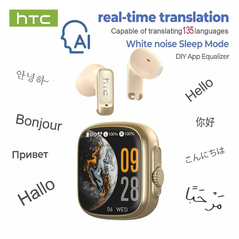 HTC NE72 TWS AI Translation Earbuds Translate Bluetooth 6.0 Headphones 30H Playtime with Smart Touch Screen for Travel Business