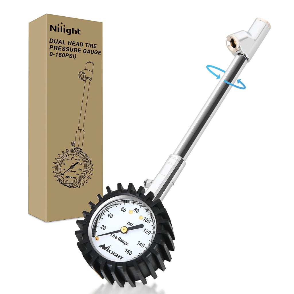 Nilight Tire Pressure Gauge 160PSI Heavy Duty Stainless Steel Dual Head Air Pressure Chucks ANSI B40.1 Certified Large 2" Dial Wheel Checker for Truck Semi Truck ATV Motorhome Cars & RV Accessories