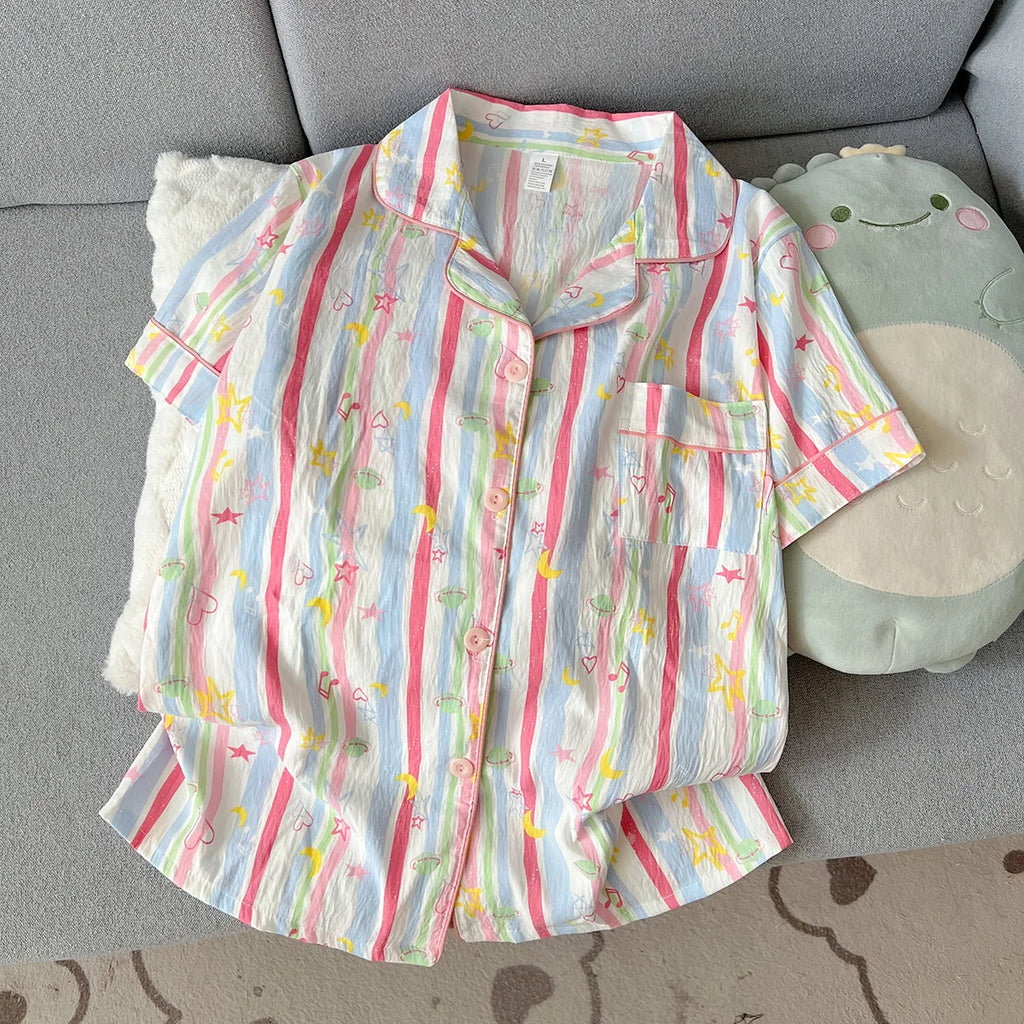 Women's Summer Pajamas, Thin Striped Pattern Short-Sleeved Shorts, Sweet and Cute, Can Be Worn Outside in Summer, Two-Piece Home Wear Set