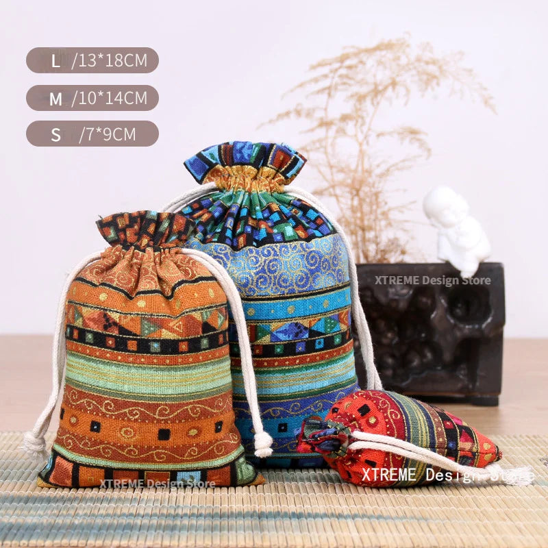 1PC Ethnic Style Cotton Linen Drawstring Pocket Bag Buddhist Beads Storage Bag Jewelry Coin Purse Bag Small Things Sorting Bags