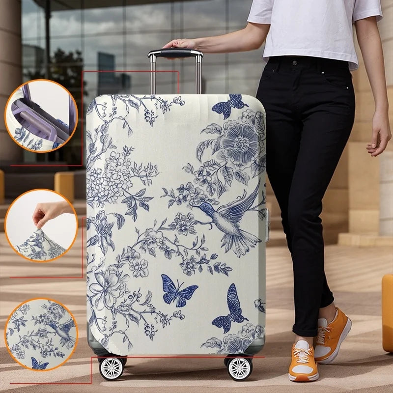 Blue and white hummingbird floral pattern luggage protection cover, suitable for 18-32 inch luggage covers, luggage handle glove