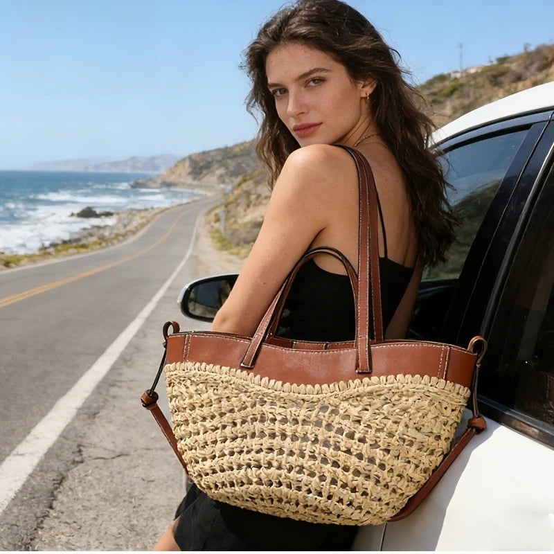 Large Capacity European and American Woven Shoulder Bag, New Basket Hand Tote, Fashion Woven Bag for Beach Vacation