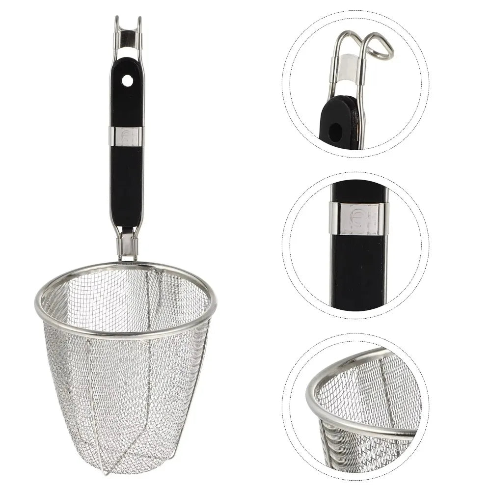 Stainless Steel Noodle Funnel Wooden Handle Multifunctional Fine Mesh Sieve Spoon Thickened Pasta Basket Strainer