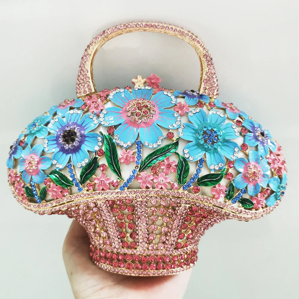 WHTUOHENG Women's Rhinestone Embellished Flower Leaves Basket Clutch Bag Luxury Diamond Evening Purse Crystal Bridal Handbag