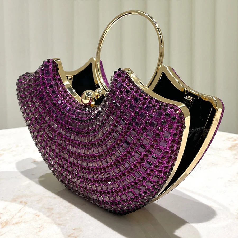 Purple shiny luxurious diamond ring handle handbag lady's evening bag for party dress wedding clutch purse chains shoulder bags