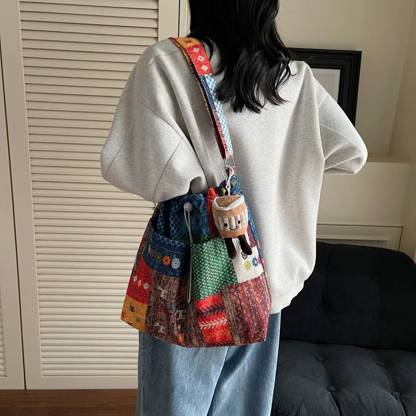 Niche original retro contrasting ethnic style 2026 spring and summer new denim bag, single shoulder crossbody sail bag
