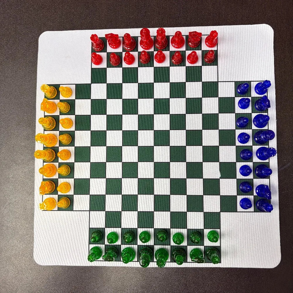 4 Players Chess , Translucent Pieces, 1 pc 35cm/13.78in Chess mat 64pcs Colorful Chess（4 different color 16 PCS per color）