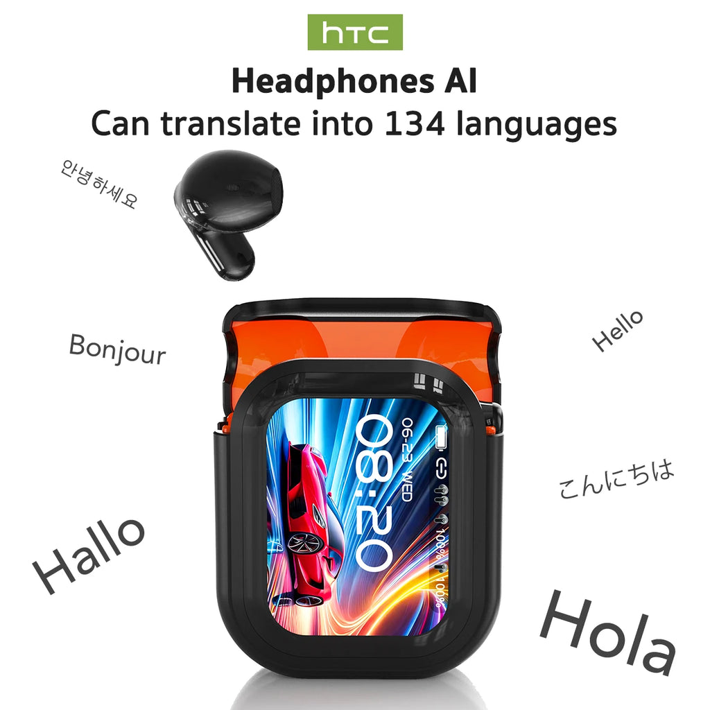 HTC NE20 TWS Bluetooth 6.0 Earbuds Smart LCD Touchscreen Real-Time AI Translation ENC Noise Reduction HiFi Audio for Sport