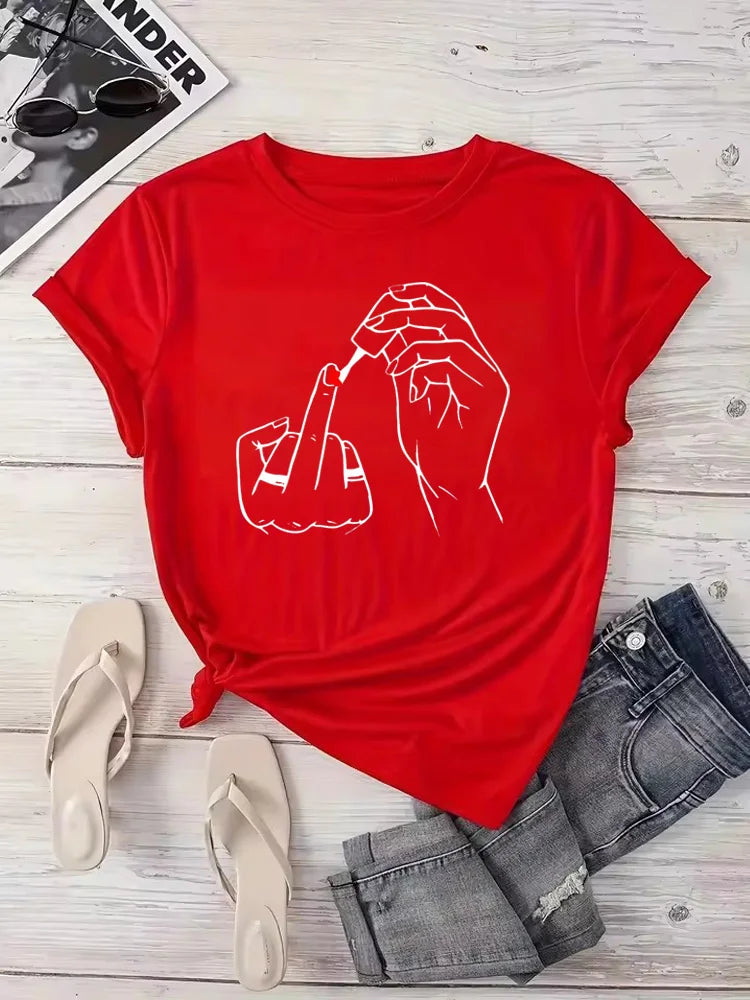Summer Comfortable Soft Short Sleeve O-Neck Tops Casual Female Clothes Women Middle Finger Nail Polish Prints T Shirt
