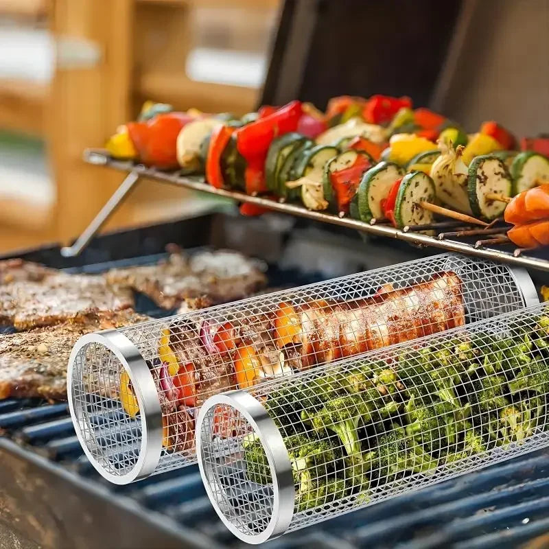 2pcs Rolling Grilling Baskets for Outdoor Grill Bbq Net Tube Stainless Steel Round Mesh Rotation Barbecue Cage Grill Accessories