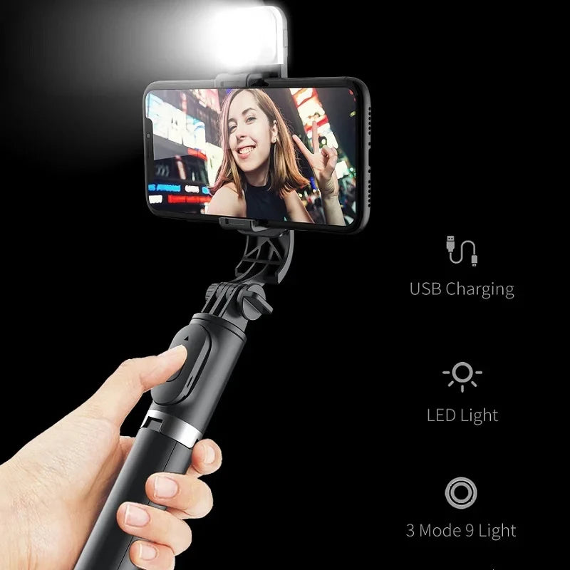 Upgrade Selfie Stick 1m with Wireless Bluetooth LED Fill Light Extended Tripod with Remote Shutter for Android IOS Cellphone