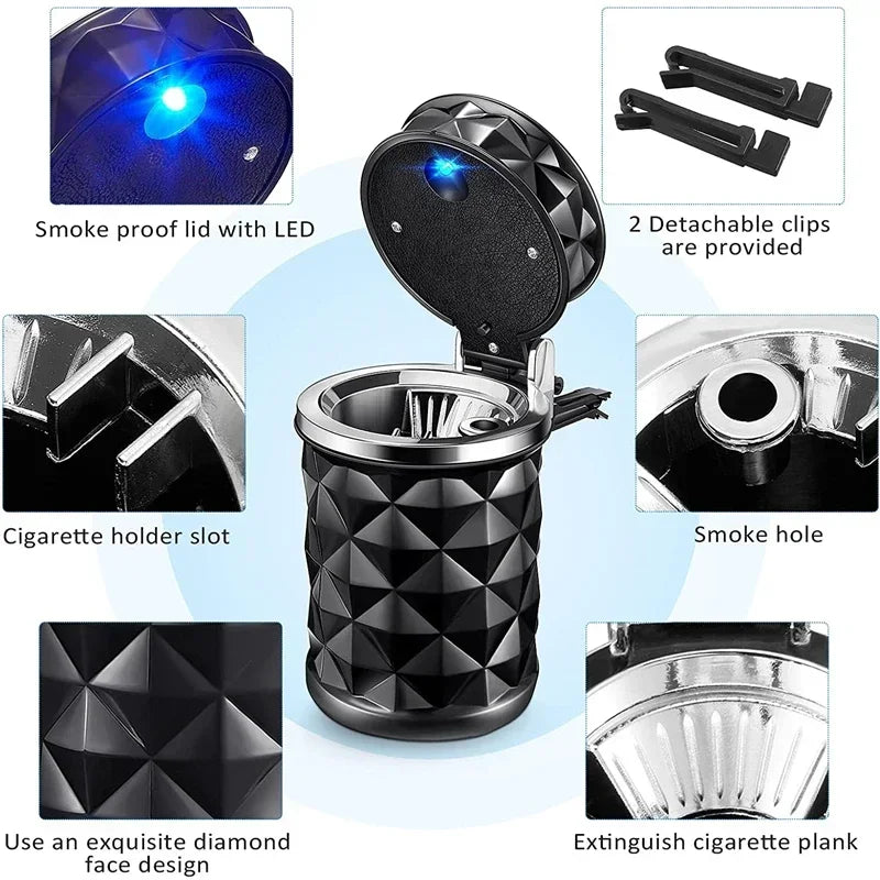 LED Light Alloy Ashtray Aluminum Cup Smokeless Car Ashtray Flame Retardant Auto Parts Car Portable Universal Ashtray Belt