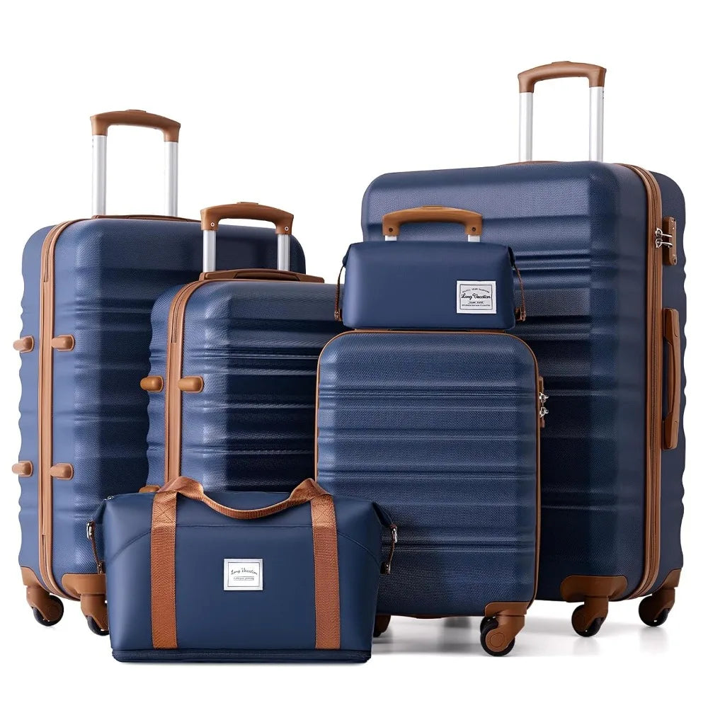 6 Piece Navy ABS Hardshell Carry On Luggage Set Spinner Wheels TSA Lock Travel Suitcase, Customized