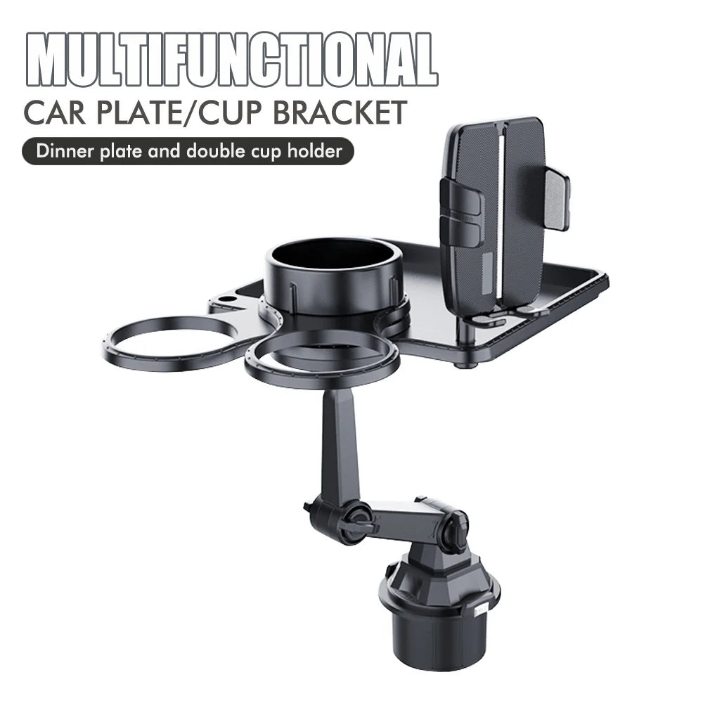 Car Dual Cup Holder Expander With Tray Phone Holder 360 Adjustable Table Slot Food Organized Tray Portable Drink Stand