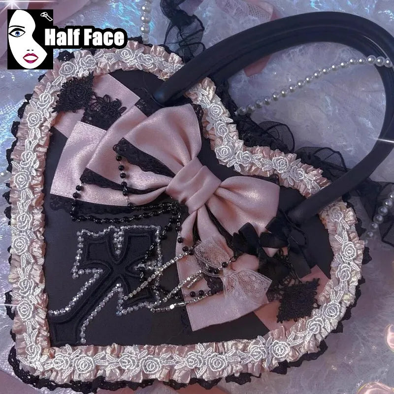 Y2K Girls Harajuku Womens Gothic Steam Punk One Shoulder Subculture Underarm Black Lolita Pearl Chain Design Crossbody Bags Tote