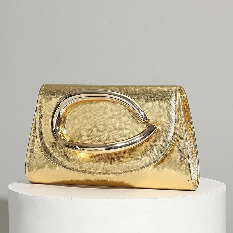 Women's Elegant Metallic Evening Clutch Bag, Luxury Party Purse, Crossbody Handbag With Chain Strap For Wedding Prom Banquet
