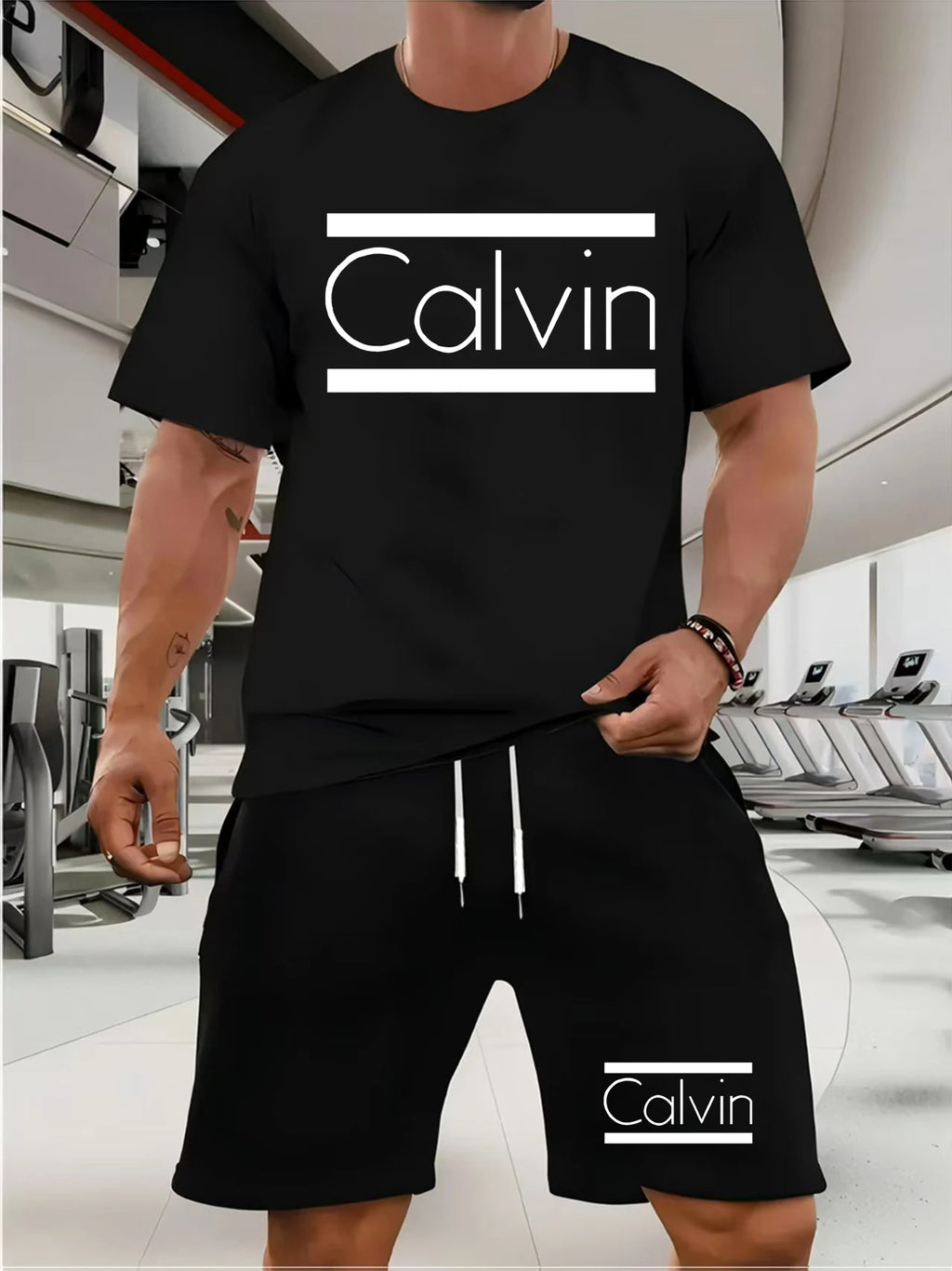 Men's T-shirt and shorts set summer casual loose and fashionable Calvin letter print comfortable round-neck short-sleeved T-shir