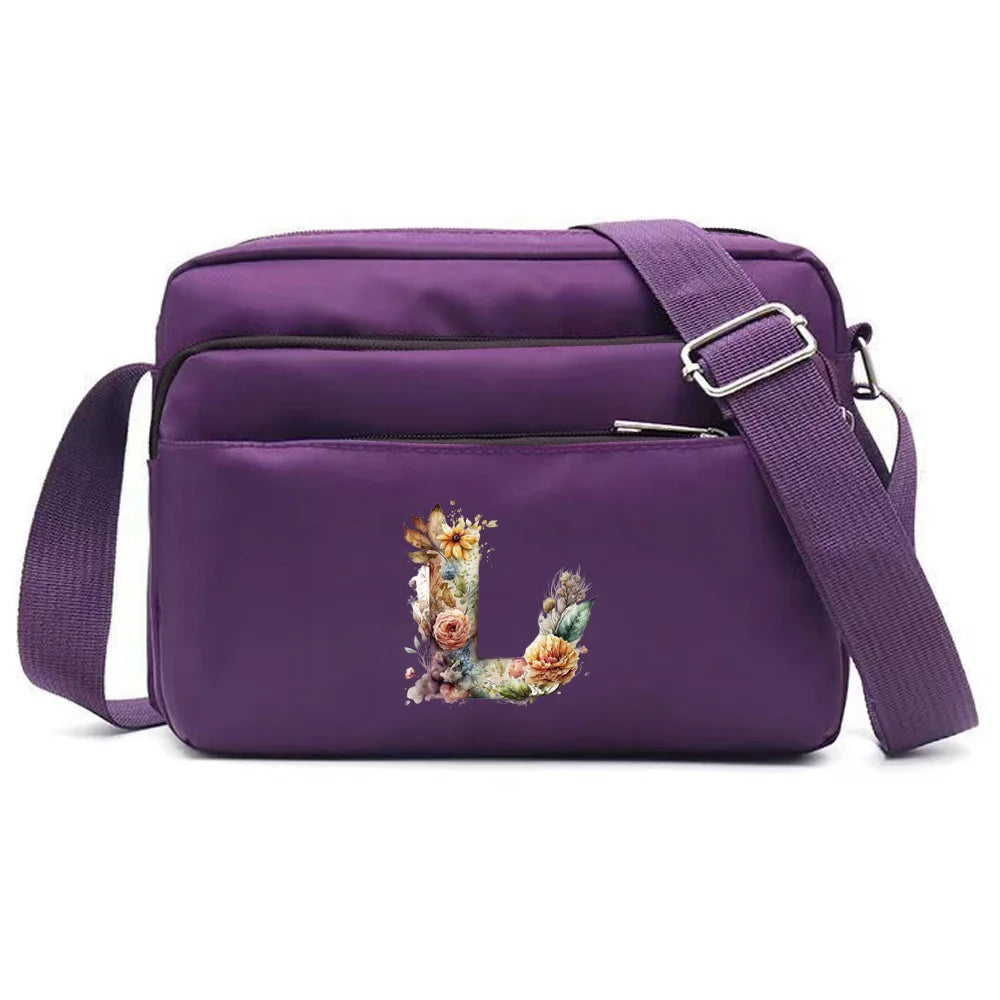 Leisure Purple One Shoulder Crossbody Bag Portable Commuting Large Capacity Floral Letter Series Printing Pattern Storage Bag