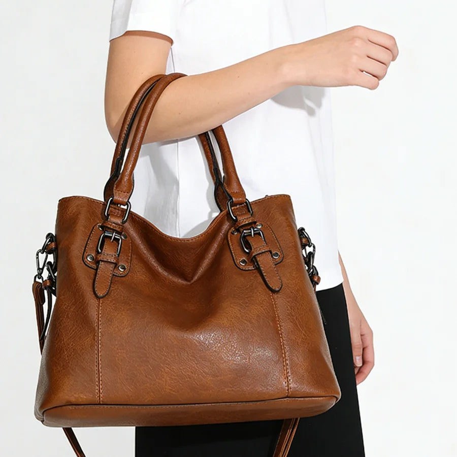 Retro Designer Soft PU Leather Women's Handbag Large Capacity Tote Bag with Multi-pocket Casual Shoulder Crossbody Bag for Ladie