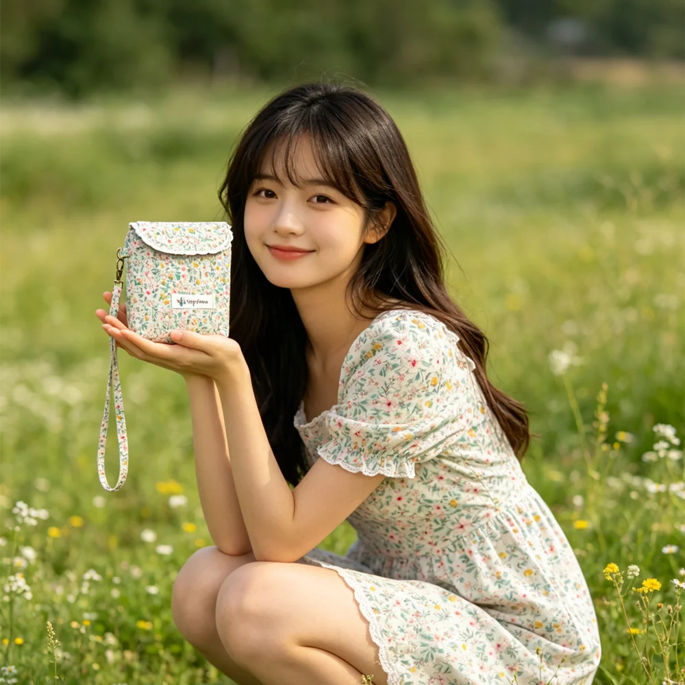 Cute Floral Lace Edge Mini Wristlet Bag, Canvas Flap Phone Purse With Detachable Strap, Portable Card Coin Storage Pouch For Lad