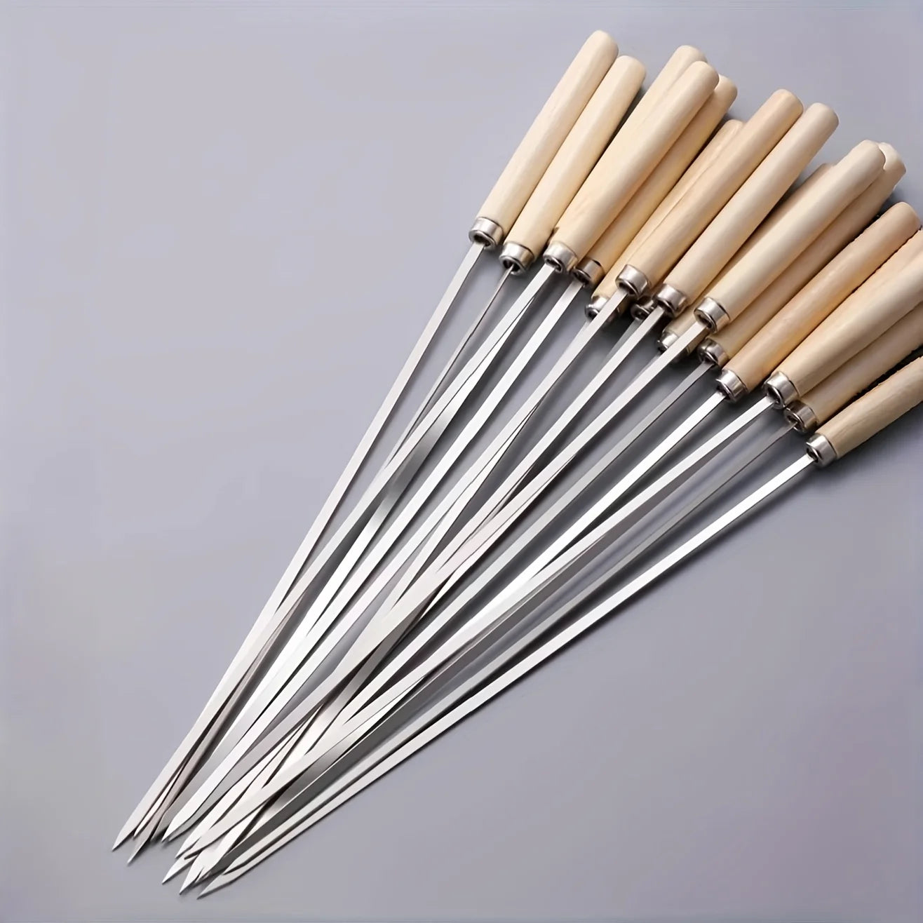 10/15/20 Flat Stainless Steel Skewers with Wooden Handles for Outdoor BBQ, Ideal for Chicken Wings Vegetables BBQ Accessories