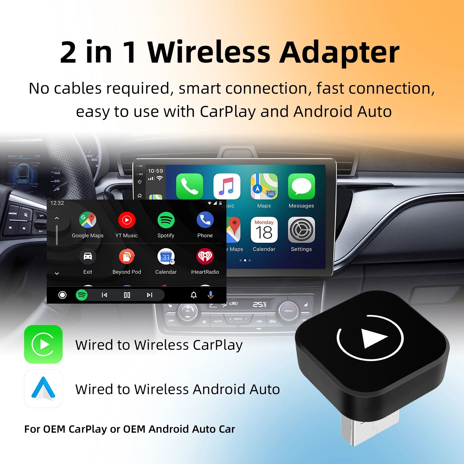 2in1 Smart Mini Box Wireless CarPlay Android Auto Adapter for Factory Wired Car, Wireless CarPlay Android Auto WiFi Fast Connect