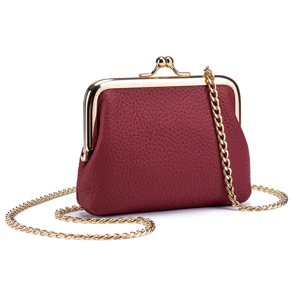 Women's Kiss Lock Crossbody Bag Genuine Leather Mini Handbags Kiss Clasp Crossbody Shoulder Bags Coin Purse Messenger Handbag