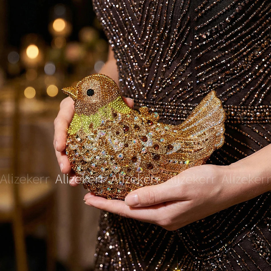 Alizekerr Pigeon Shaped Crystal Evening Bags Women Gorgeous Rhinestone Metallic Bird Clutch Purses Ladies Unique Handbags Party
