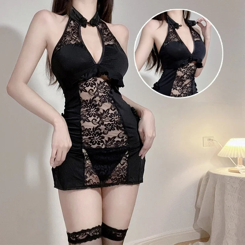 Sleeveless Gauze Temptation Flirtatious Cheongsam Uniform Seductive Erotic Lingerie Female Deep V Lace Hot Slit Nightgown Suit