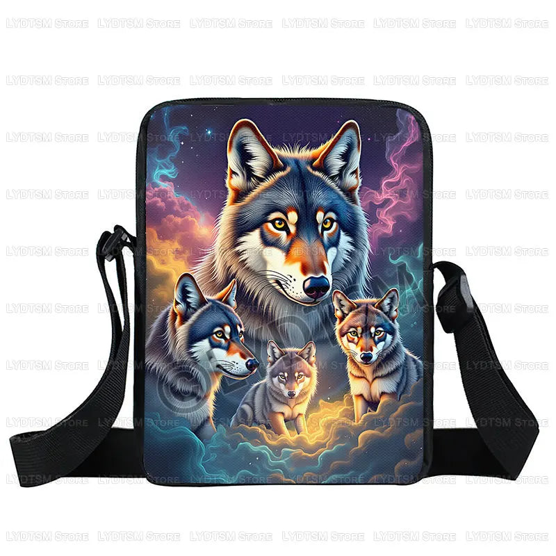 Cool Moon and Howling Wolf Print Crossbody Bag Women Handbag Student Bookbags Phone Wallet Holder Messenger Bags Gift