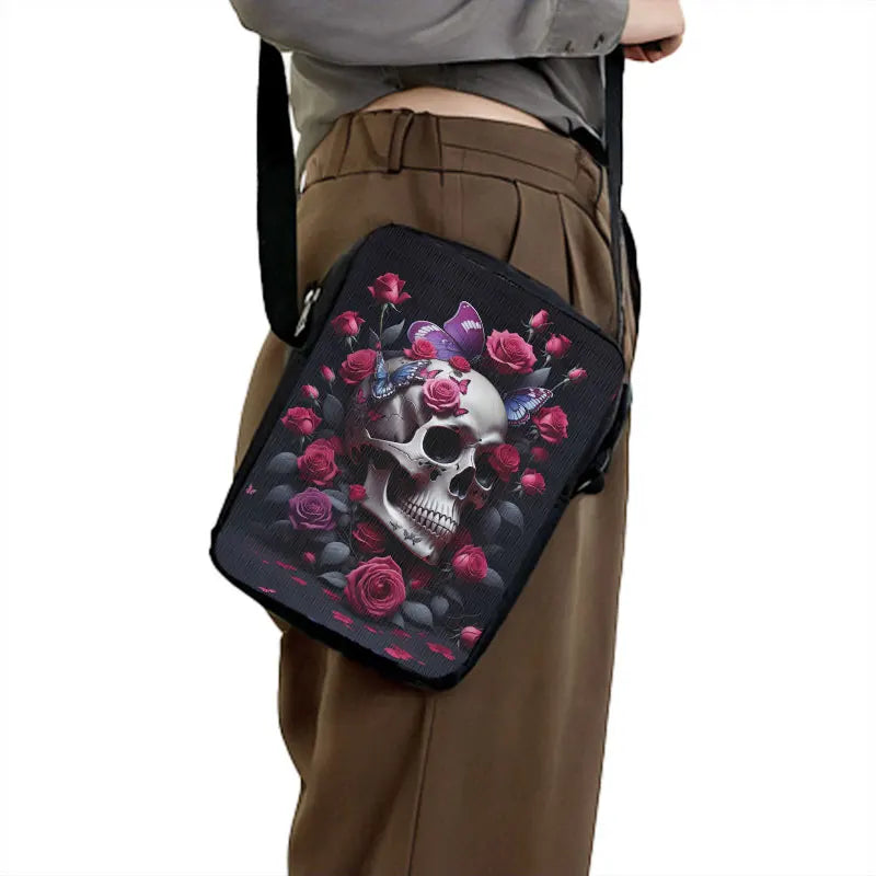 Skull Rose Butterfly Print Crossbody Bag Women Shoulder Bags for Travel Handbags Phone Holder Student Messenger Bags Gift