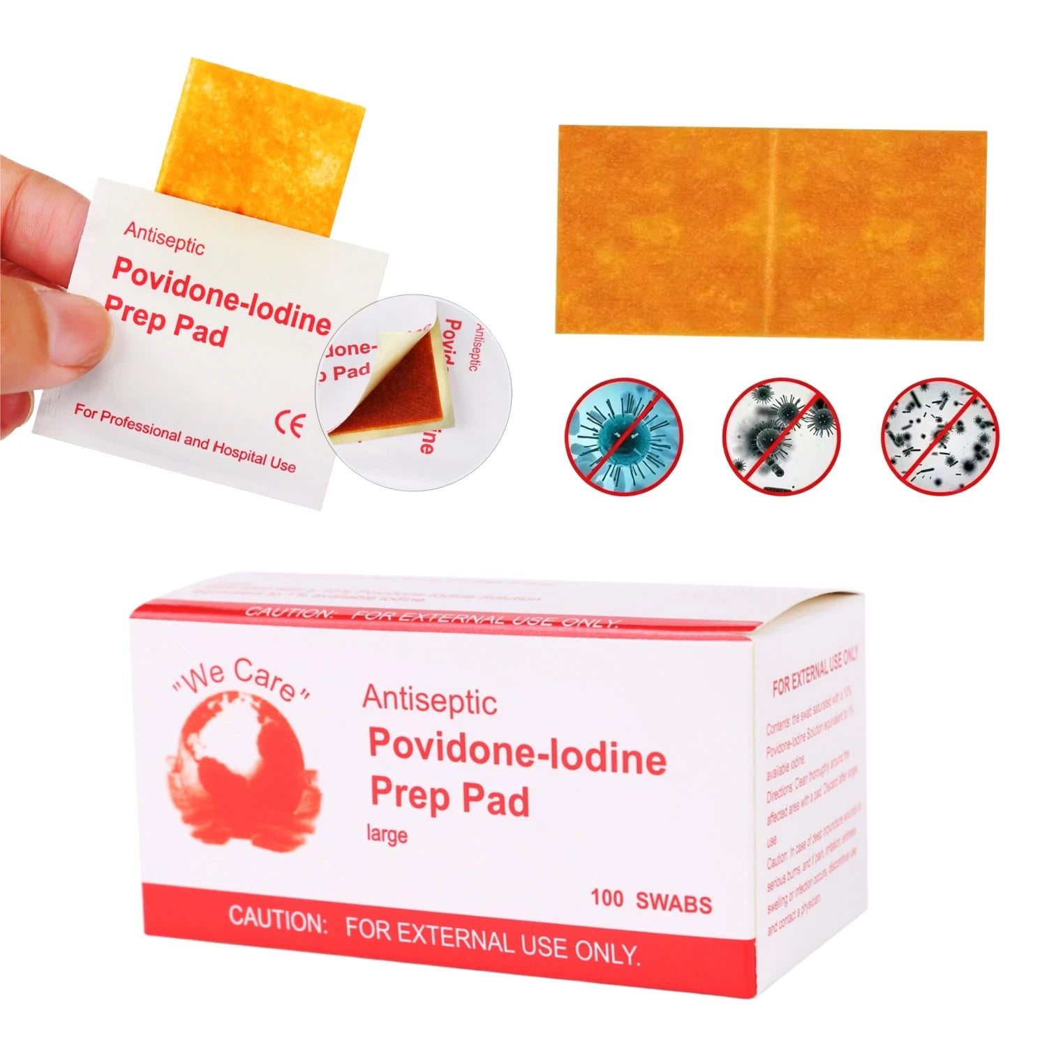 100Pcs Povidone Iodine Antiseptic Swabs Disposable Pre-Sterilized Cotton Pads for Wound Care First Aid Surgical Emergency Kits