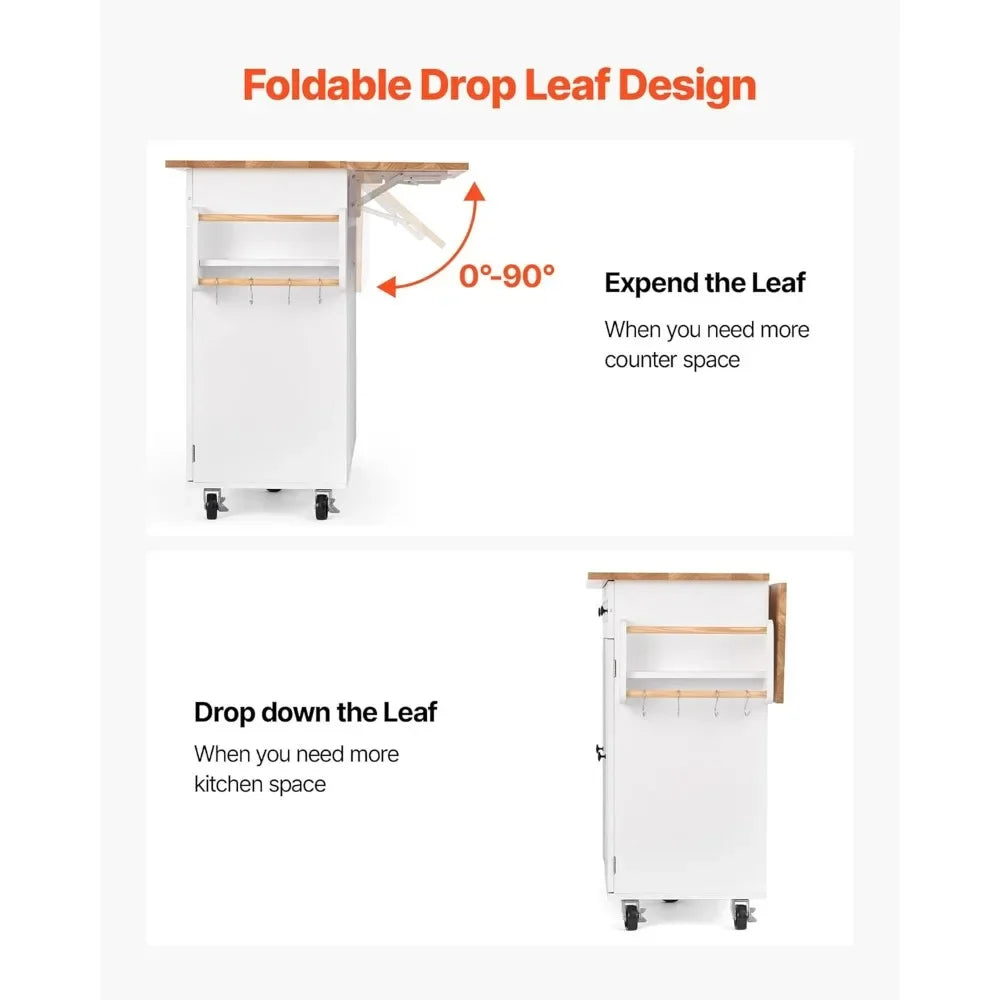 Wooden Top Kitchen Trolley with Storage, Rolling Drop Leaf Table, Drawers, and Spice Rack