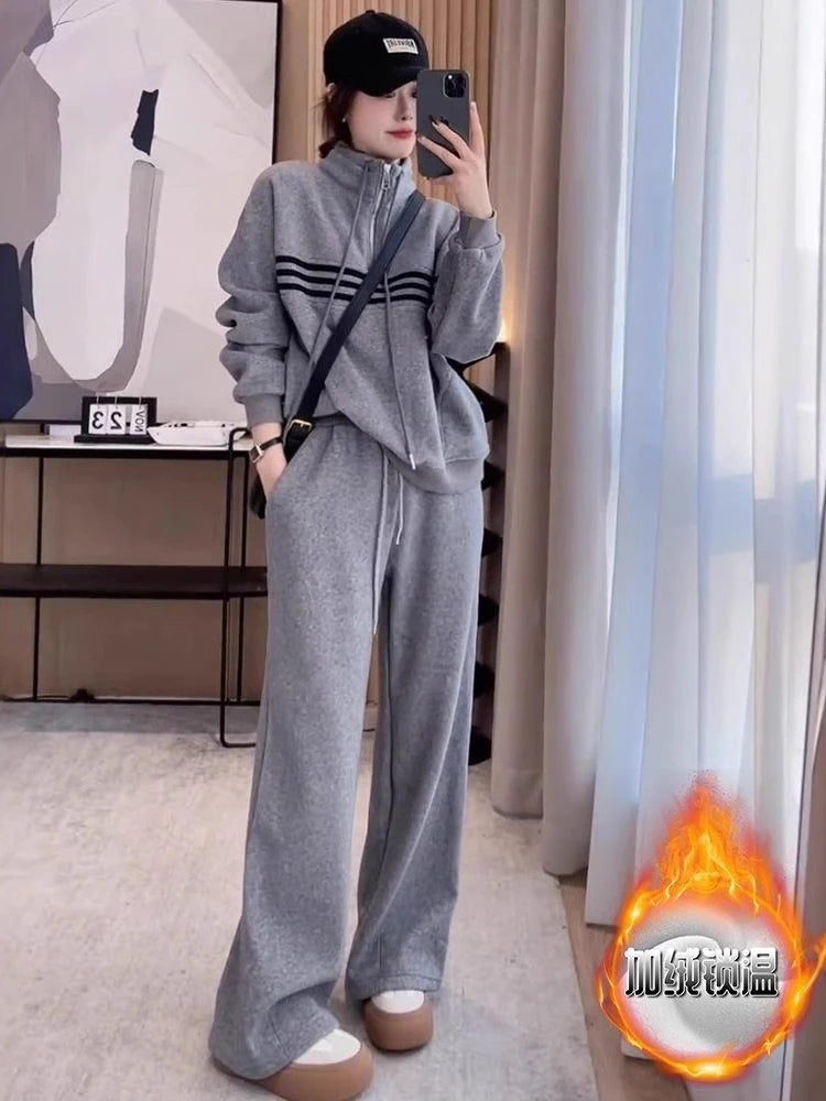 Thickened Design Striped Sweatshirt Set Women's New Autumn Fleece Wide Leg Casual Sweatpants Long-sleeved Top Two Piece Set