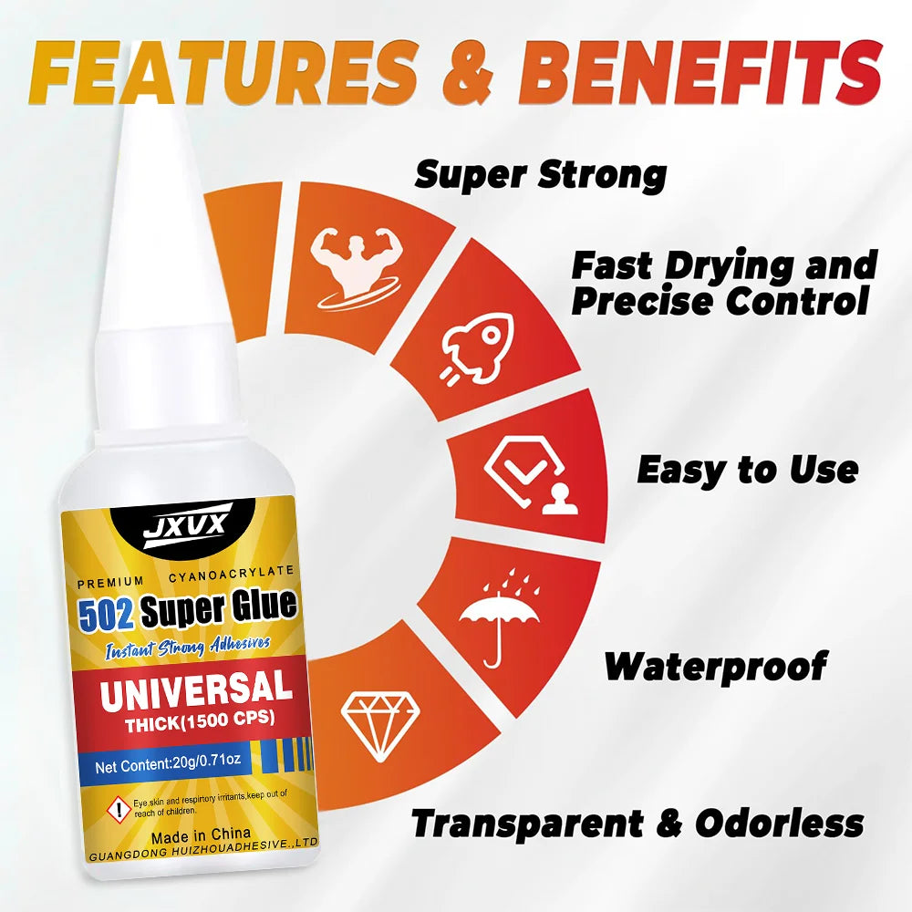JXVX New 20g 502 Super Glue Quick-drying Cyanoacrylate Instant Leather Rubber Wood Glass Metal Strong Bond Liquid Adhesive Tool