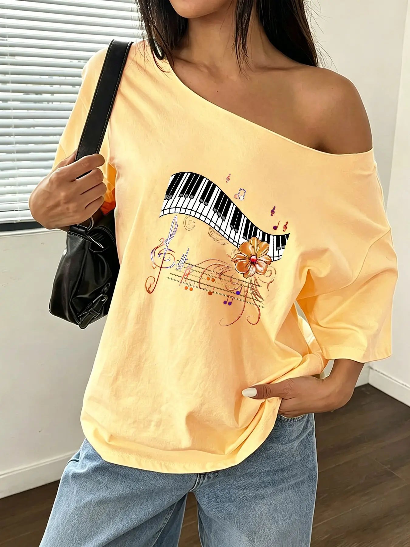 100% Cotton Plus Size Musical Piano Keys Flower Pattern Shoulder Loose Print T-Shirt Oversized Y2K Style Graphic Tees Women T