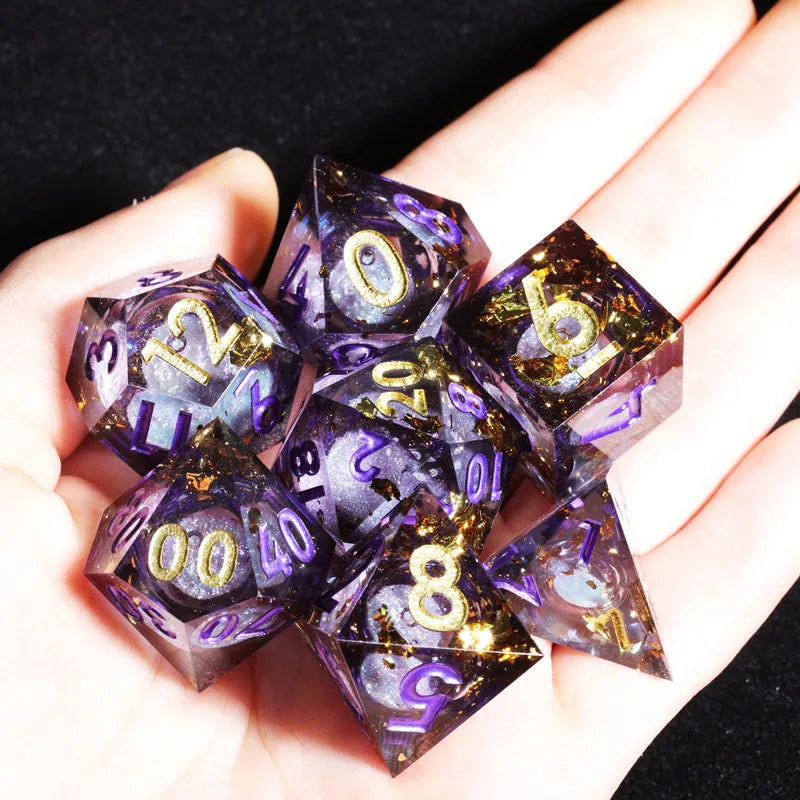 MINI PLANET Gold Sand Liquid Core Dice D&D Set Handmade Polyhedral Resin Dice With Sharp Edge For TRPG DND D6 D20 Dice Games