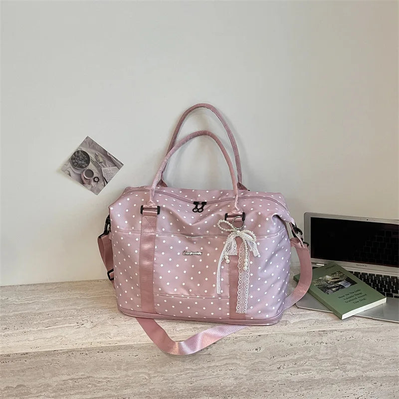 Korean Polka Dot Lazy Style Large Capacity Women's Luggage Bag Travel Handheld Short Trip Business Commuting Bag Lightweight ...
