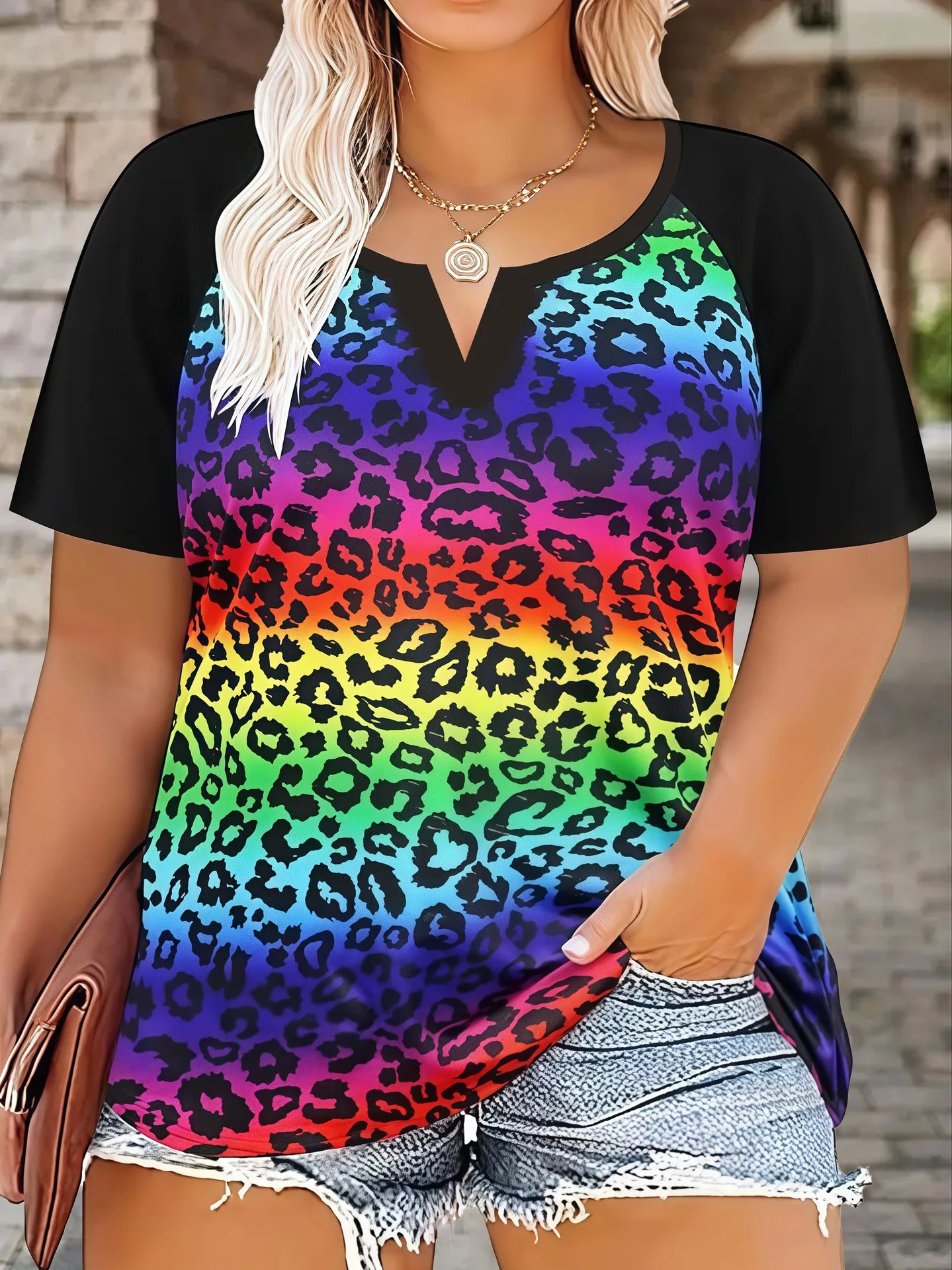 New 2025 Fashion Large Size Shirts Leopard Patchwork Print T-Shirt Casual Short Sleeve Top For Summer Women's Plus Size Clothing