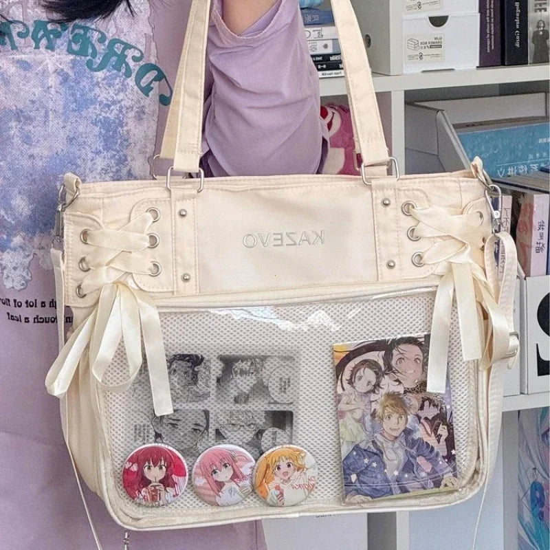 Large Capacity for Class Book Carrying Mailman Bag Girls Bow JK Shoulder Ita Bag Handbag College Style Crossbody Bag with Ribbon