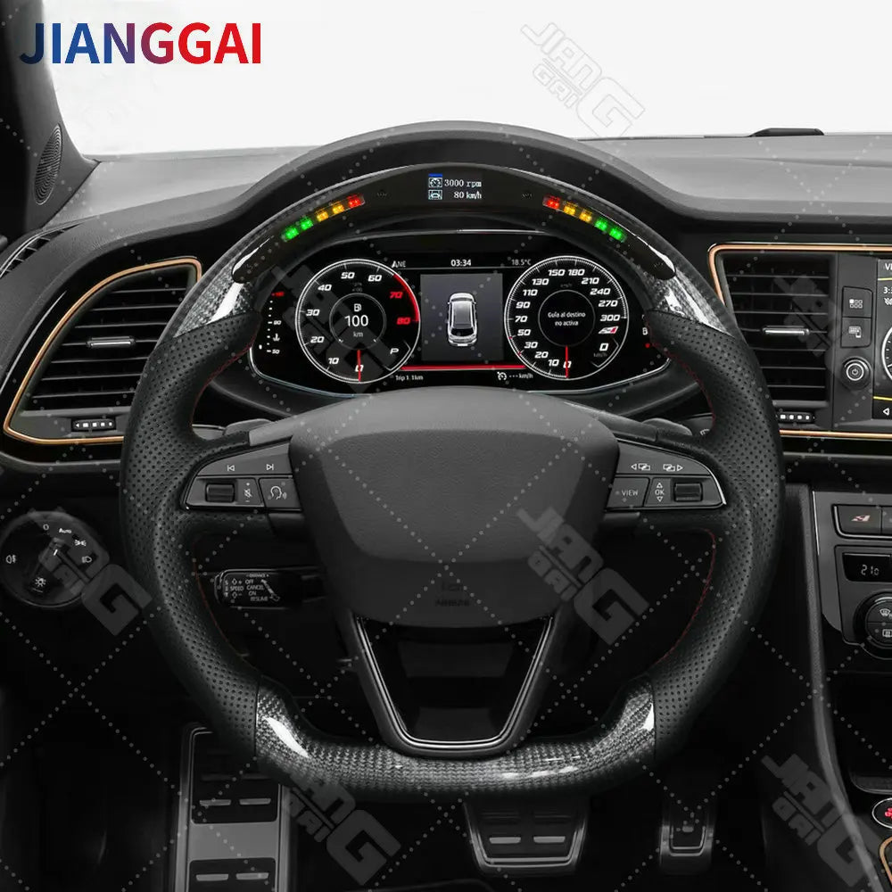 Real Carbon Fiber LED Steering Wheel For Seat Leon Cupra MK2 Ibiza 2013-2019 With Paddle Hole Perforated Leather Steering Wheel